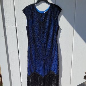 Chic Black Sequin and Blue Fringe Dress. Bling Party Cruise